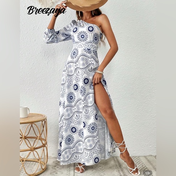 Elegant One-Shoulder White and Blue Dress size M - Picture 1 of 8